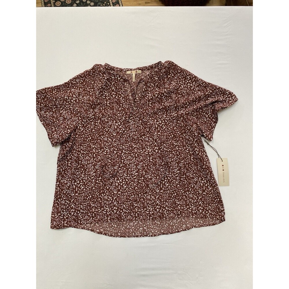 Three Dots Womens Small NWT Boho Split V Neck Tie Top Abstract Floral